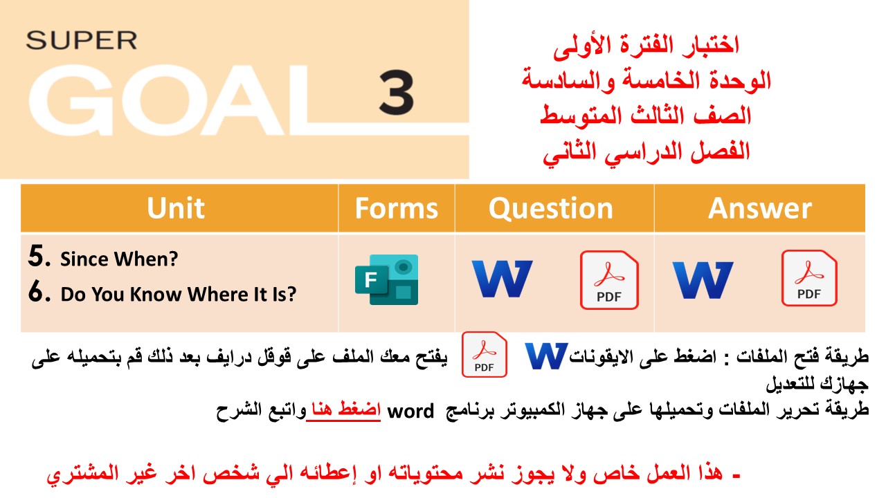 اختبار الفترة الأولى منهج Super Goal 3 الوحدتين الخامسة والسادسة -الفصل الدراسي الثاني ( ورقي - Forms ) الصف الثالث متوسط